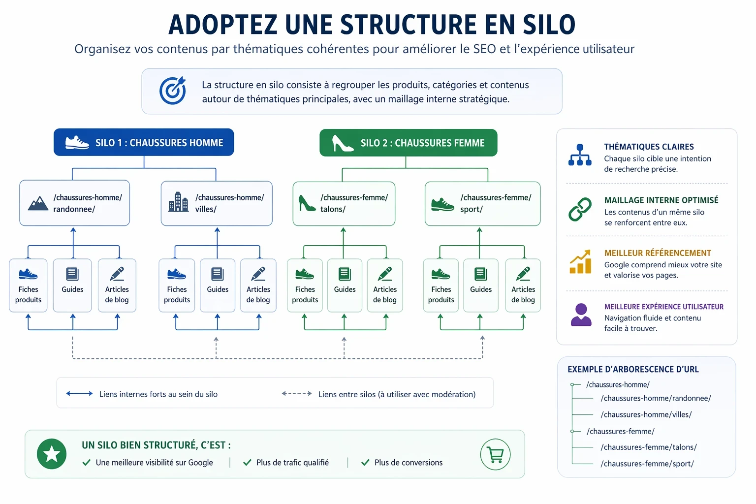 Infographie sur la structure en silo d’un site e-commerce, avec deux silos thématiques chaussures homme et chaussures femme, des sous-catégories, des fiches produits, guides, articles de blog et un maillage interne optimisé pour le SEO