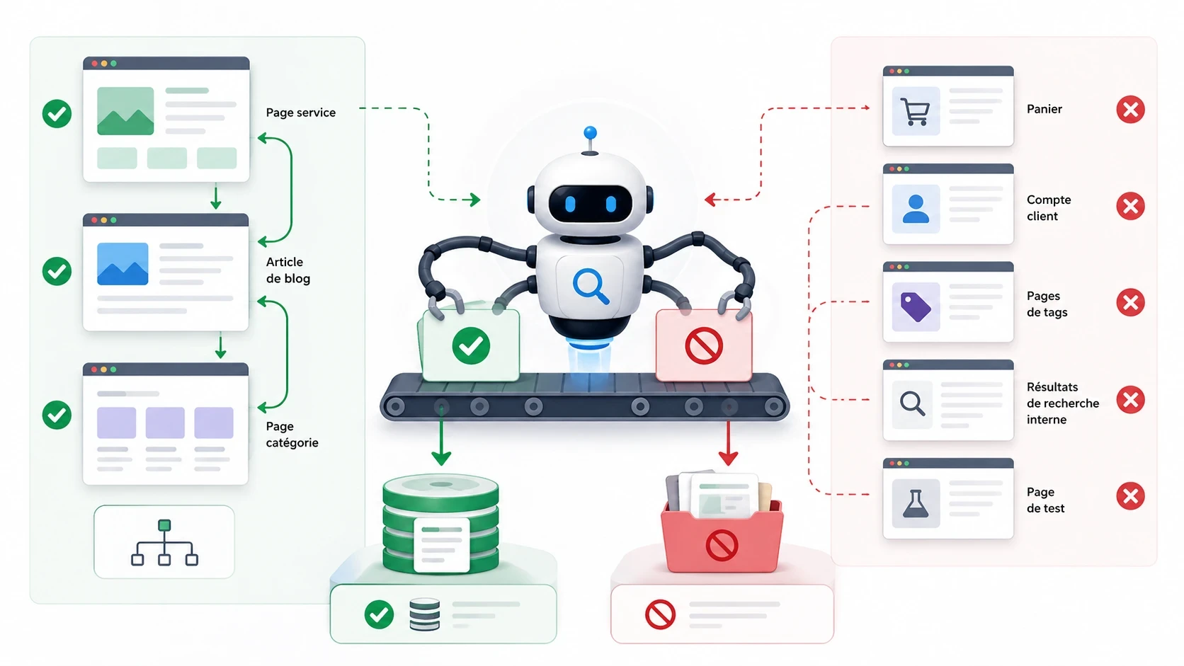 Illustration montrant la différence entre les pages utiles à indexer et les pages techniques à exclure de l’index Google.