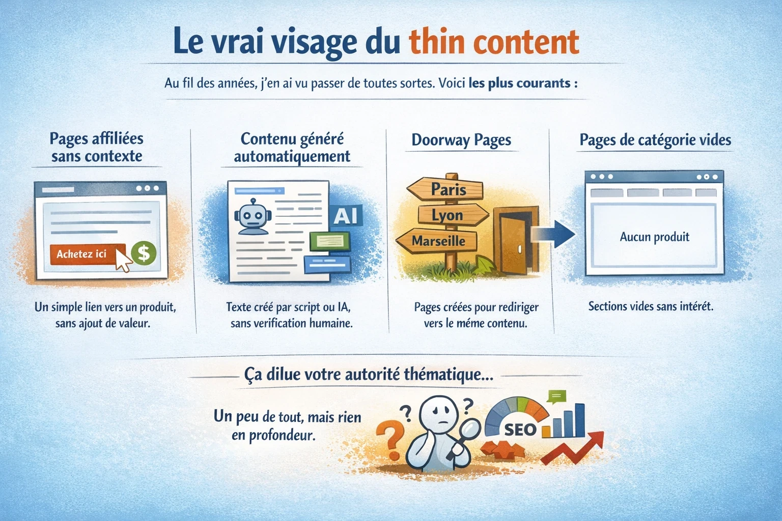 Infographie sur les formes courantes de thin content : pages affiliées sans contexte, contenu généré automatiquement, doorway pages et pages de catégorie vides, avec impact négatif sur l’autorité thématique et le SEO.