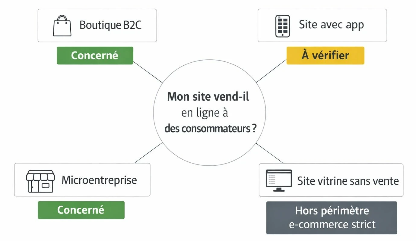 Infographie paysage en forme d’arbre de décision qui aide à déterminer si un site e-commerce est concerné par les obligations d’accessibilité en 2026 selon qu’il vend en ligne, possède une application mobile, relève d’une microentreprise ou reste un simple site vitrine.