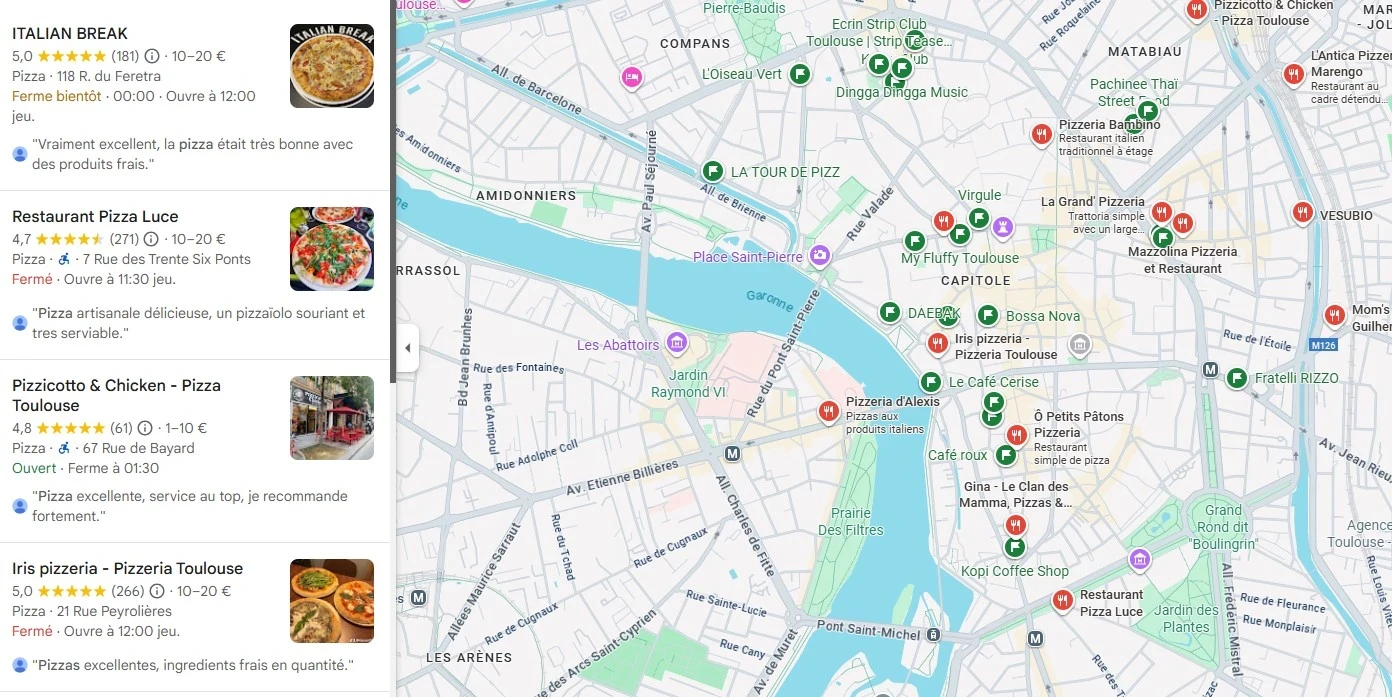 exemple de recherche sur pizzeria toulouse