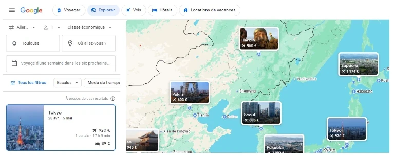 résultats sur une carte du mode explorer de google flights