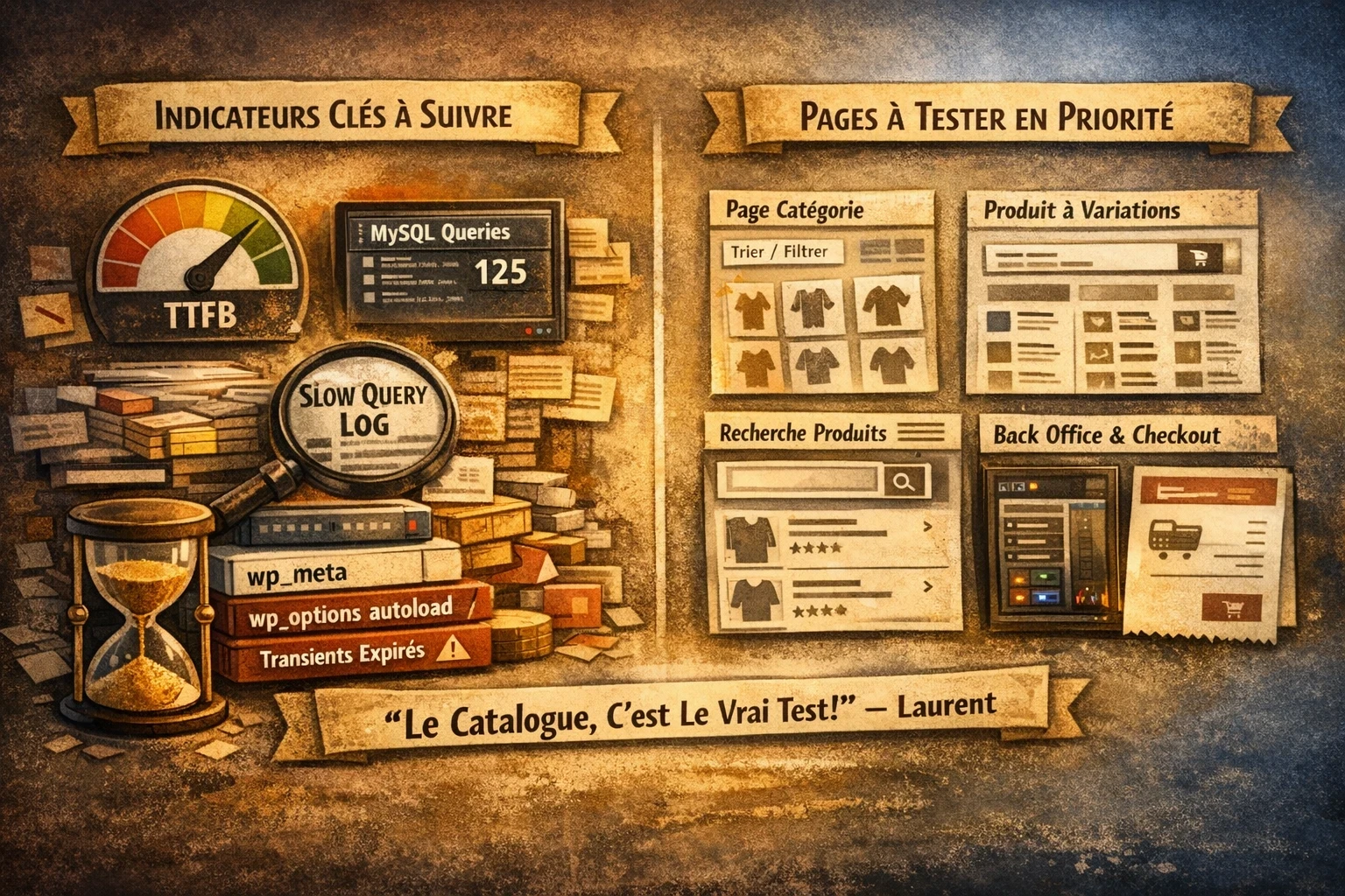 Indicateurs clés à suivre pour un WooCommerce sous charge, avec jauge TTFB, nombre de requêtes MySQL, slow query log, éléments wp_meta et wp_options autoload, puis à droite les pages à tester en priorité : catégorie avec tri et filtres, produit à variations, recherche produits, back office et checkout.