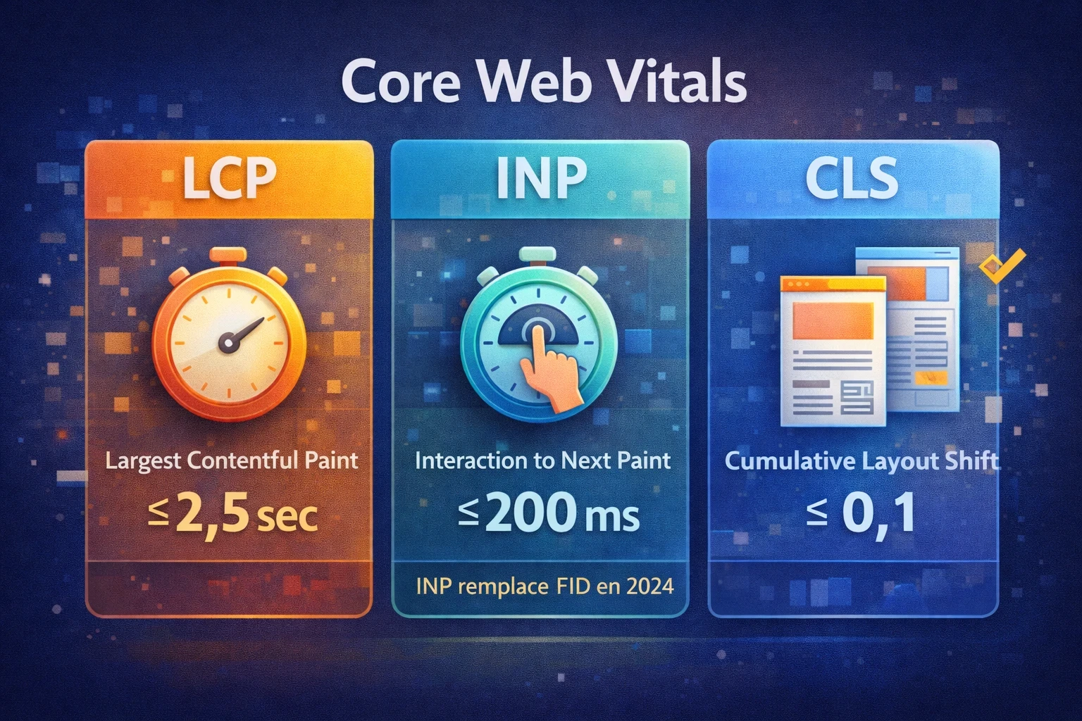 Infographie présentant les Core Web Vitals avec LCP, INP et CLS et leurs seuils de référence pour mesurer la performance d’un site web
