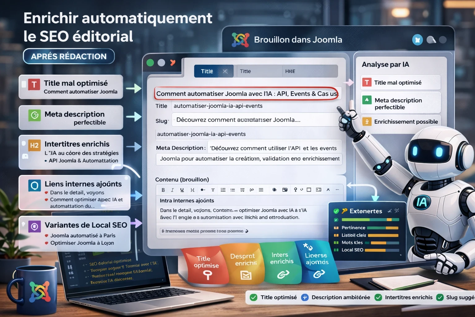 Schéma montrant une IA qui améliore automatiquement le SEO d’un contenu Joomla en analysant et optimisant title, meta description, structure éditoriale, maillage interne et déclinaisons locales.