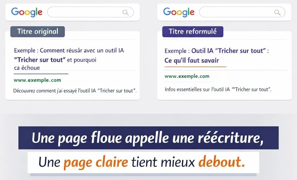 Infographie SEO montrant que Google peut réécrire les titres affichés dans ses résultats de recherche, avec comparaison entre un titre original et un titre reformulé, et rappel des leviers de clarté éditoriale : title précis, H1 cohérent, introduction claire et maillage interne explicite.