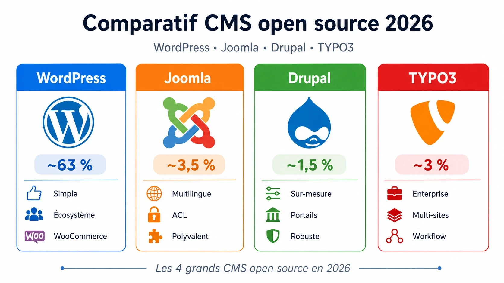 Les 4 grands CMS open source en 2026 — parts de marché et positionnement Alt text SEO : comparatif CMS open source 2026 WordPress Joomla Drupal TYPO3