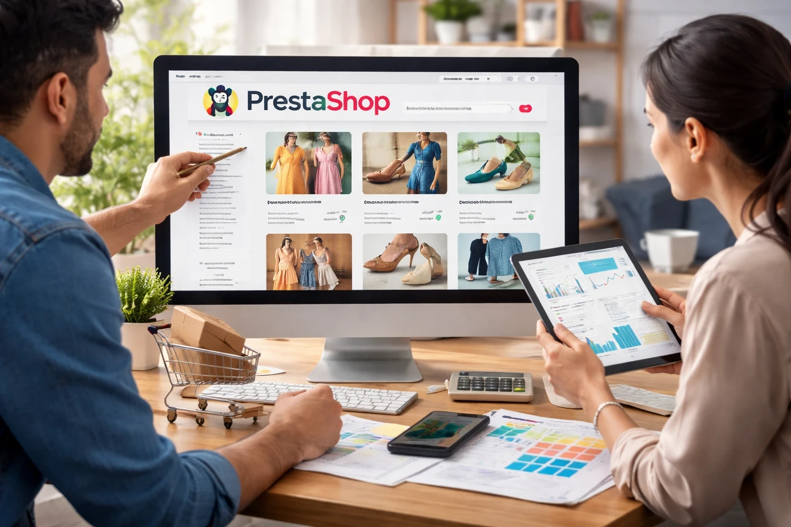 Deux professionnels travaillent sur l’optimisation d’une boutique PrestaShop autour de maquettes, d’un ordinateur portable et de tableaux de suivi