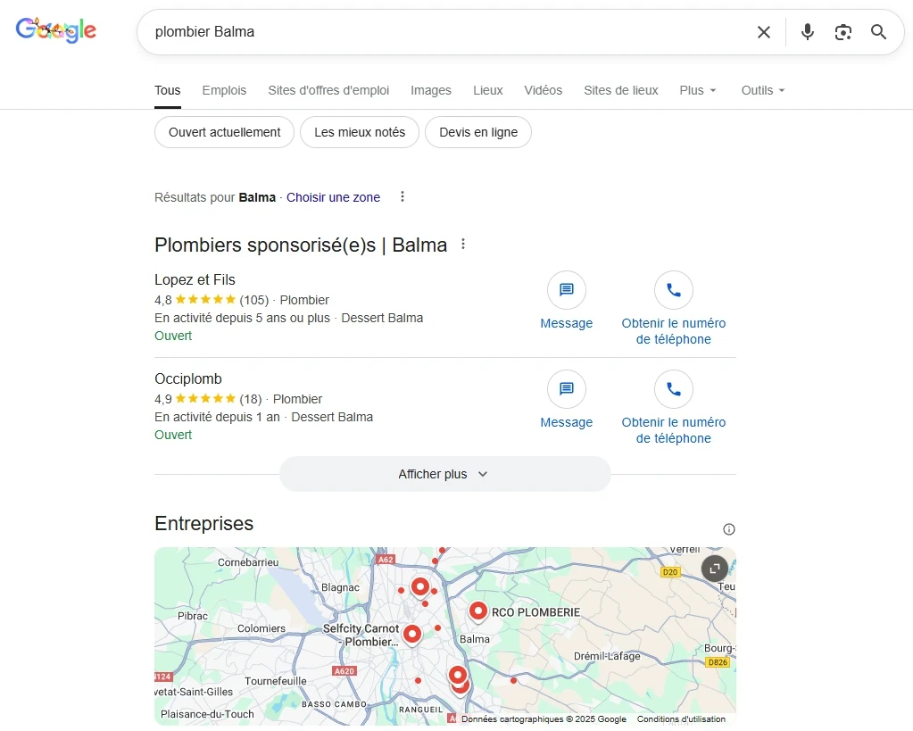exemple de recherche sur google pour plombier balma