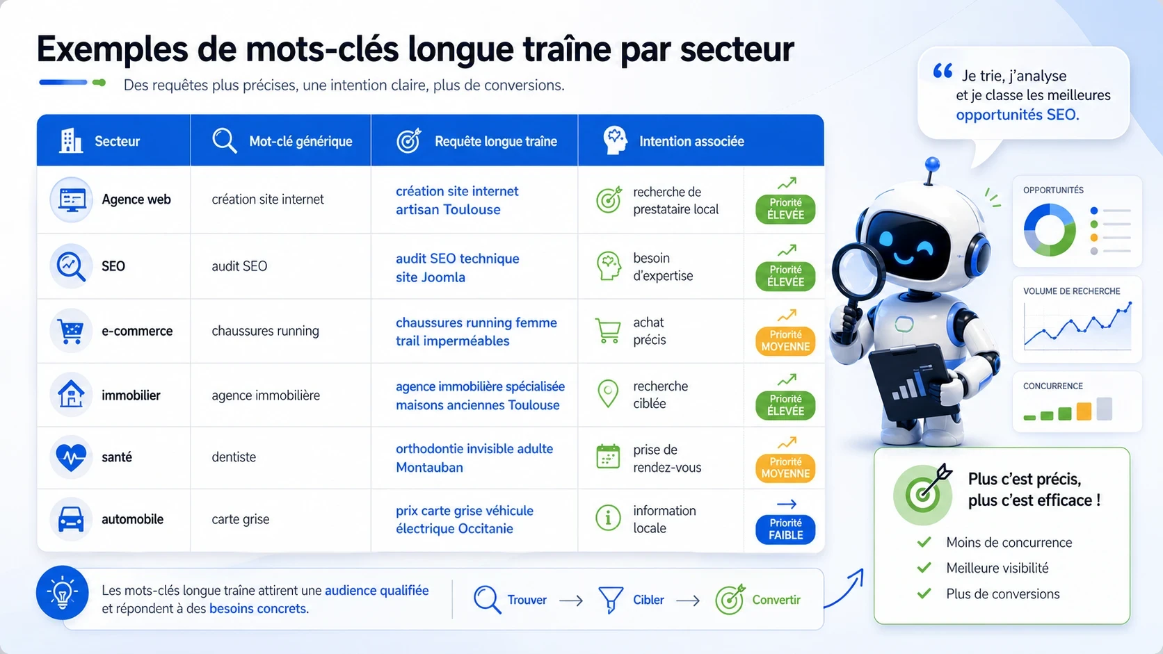 Tableau visuel présentant des exemples de mots-clés longue traîne par secteur d’activité