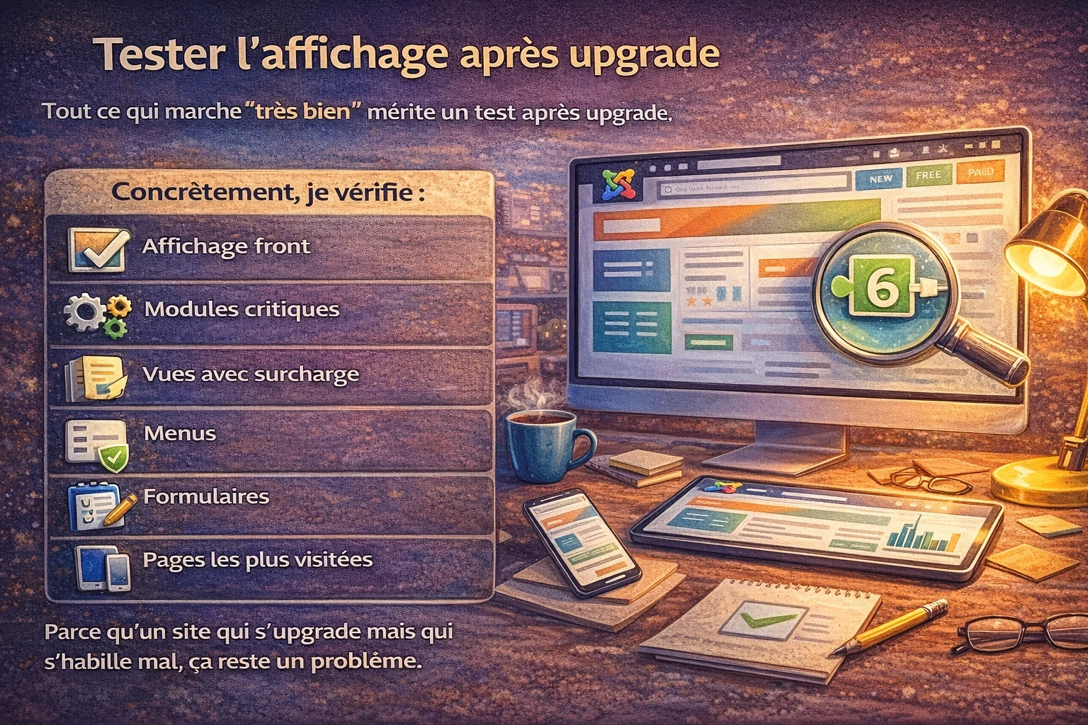 Infographie rappelant les vérifications à faire sur le template, les overrides, les modules, les formulaires et le responsive après une mise à jour Joomla