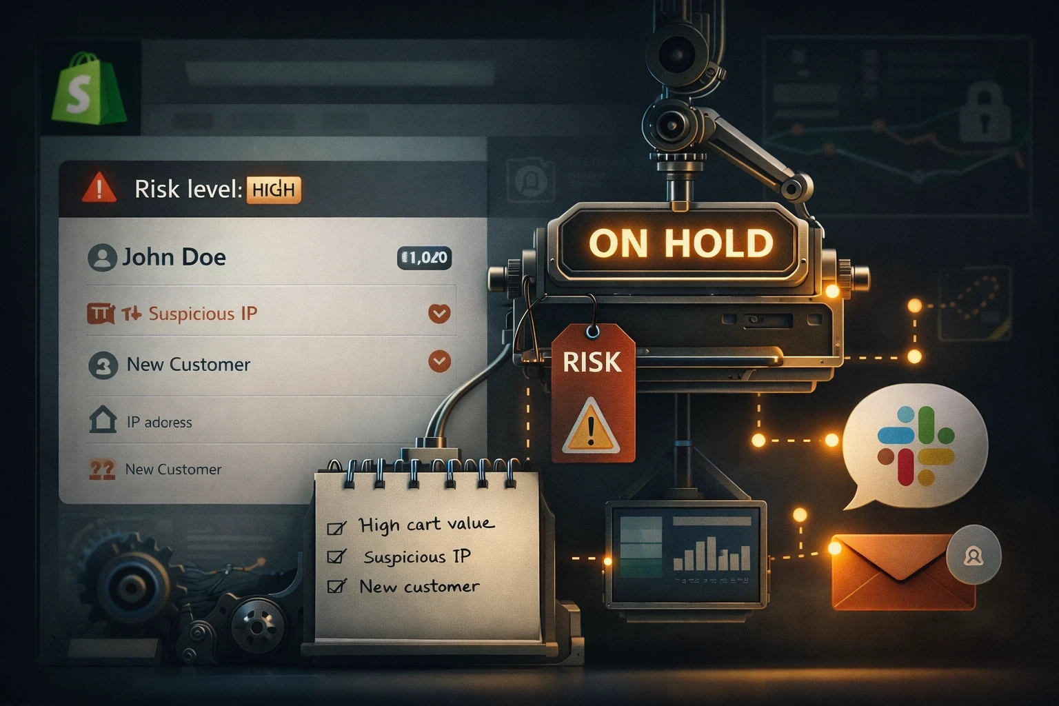 Illustration d’un workflow Shopify Flow : commande à risque détectée, mise en attente (On hold) avec tag RISK et alerte envoyée à l’équipe (Slack/email).