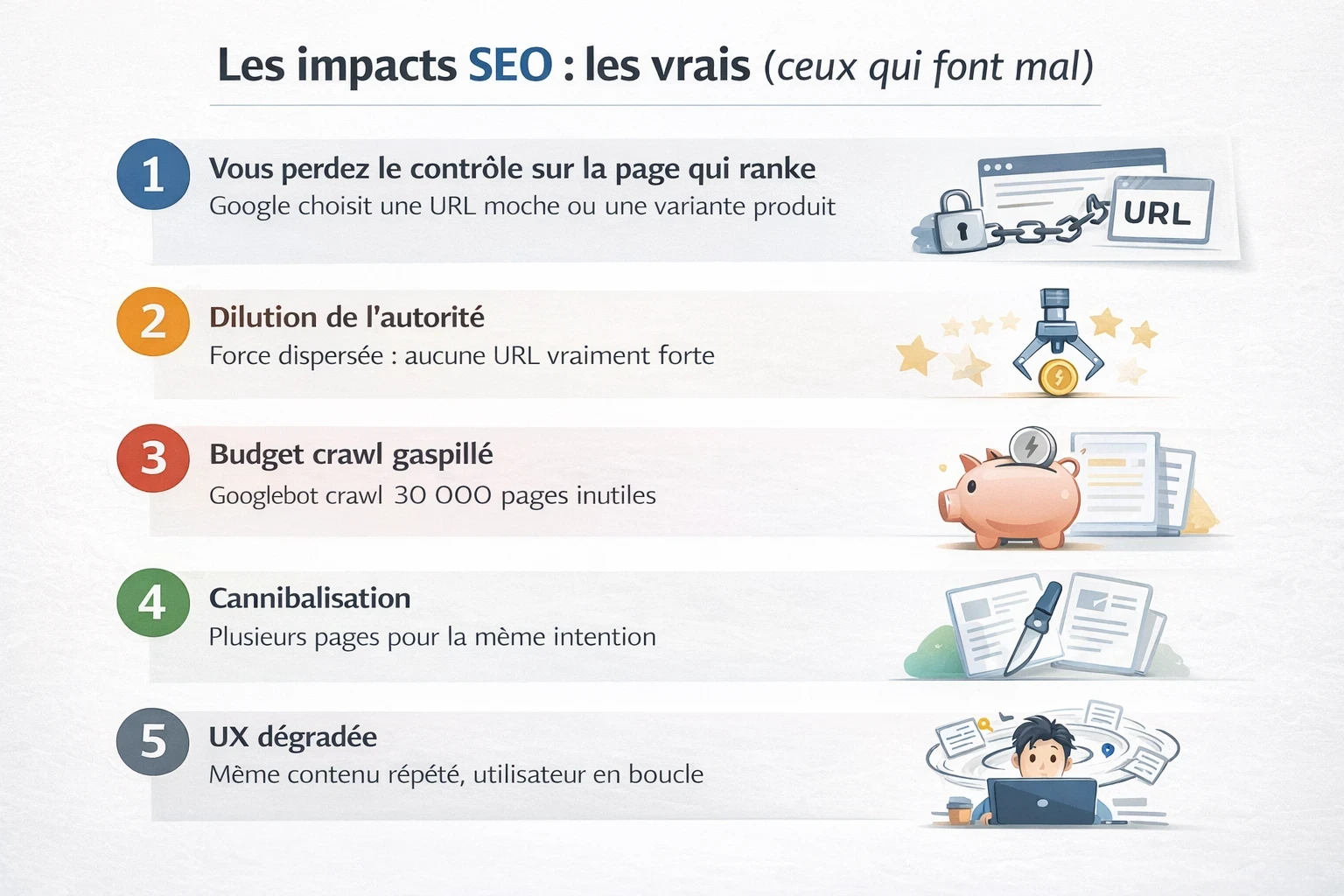 Infographie “Les impacts SEO : les vrais” : 5 conséquences du duplicate content (perte de contrôle sur l’URL qui ranke, dilution de l’autorité, budget crawl gaspillé, cannibalisation, UX dégradée).