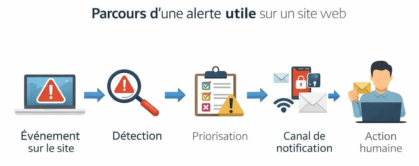 Infographie paysage représentant les étapes d’un parcours e-commerce accessible, de la page catégorie à la confirmation de commande, avec des pictogrammes montrant les points clés à vérifier comme le contraste, la navigation clavier, les formulaires, les boutons et les messages d’erreur.