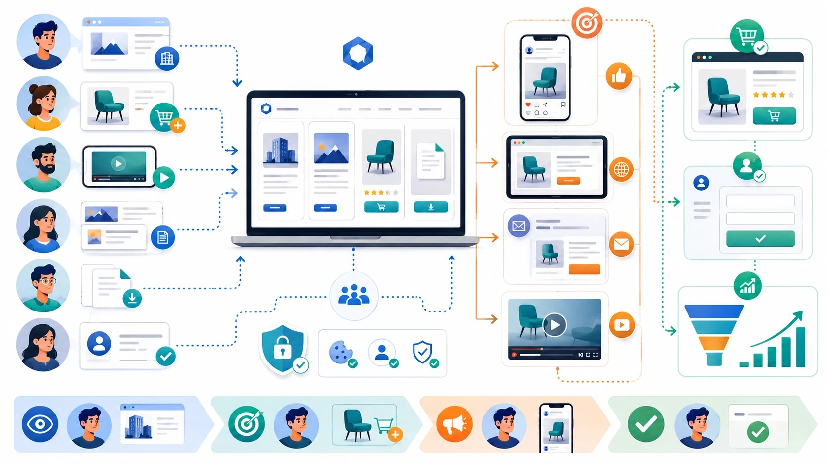 Schéma illustrant le principe du retargeting : des visiteurs interagissent avec un site, consultent une offre, un produit, une vidéo ou un livre blanc, puis sont relancés par des publicités ciblées sur différents supports afin de revenir et convertir.