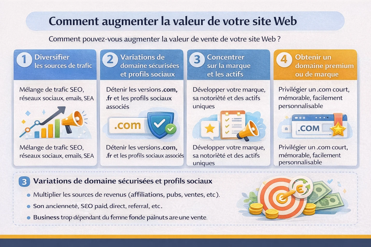 Infographie « Comment augmenter la valeur de votre site Web » présentant 5 leviers : 1) diversifier les sources de trafic (SEO, réseaux sociaux, email, SEA), 2) sécuriser les variations de domaine et profils sociaux, 3) renforcer la marque et les actifs uniques, 4) choisir un domaine premium/de marque (idéalement un .com court et mémorable), 5) élargir les méthodes de monétisation (affiliation, publicité, ventes, etc.).