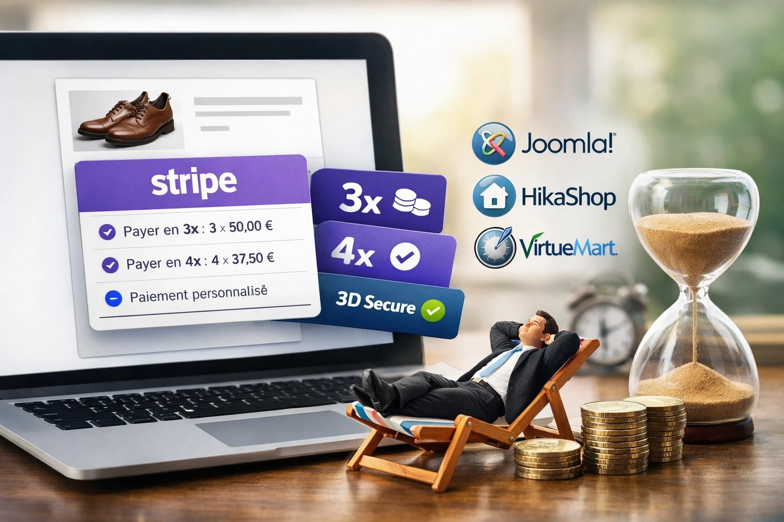 Paiement en plusieurs fois avec Stripe sur un checkout Joomla (3x / 4x), ambiance “tranquille” avec sablier et pièces, pour illustrer une solution fiable et simple.