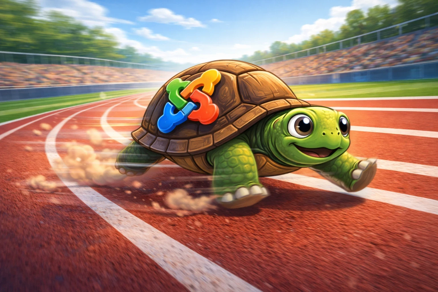 Tortue avec logo Joomla sur la carapace courant très vite sur une piste d’athlétisme pour symboliser un site Joomla optimisé
