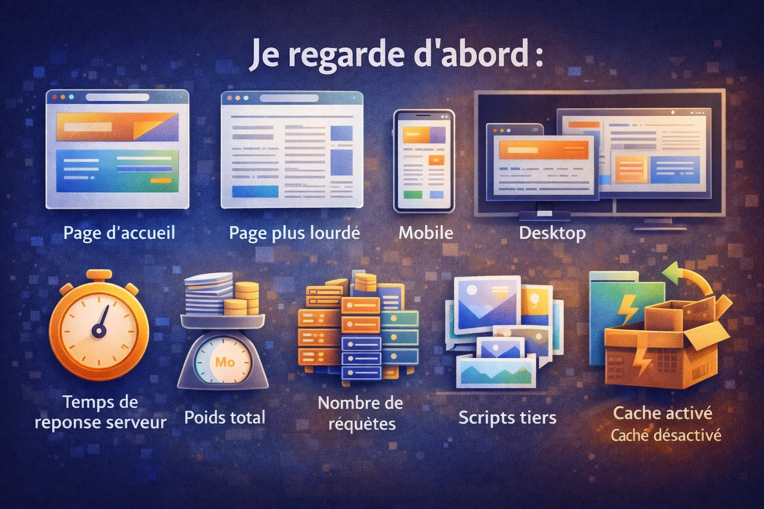 Infographie illustrant les premiers points à vérifier sur un site lent : pages clés, mobile, desktop, temps de réponse serveur, poids, requêtes, scripts tiers et cache