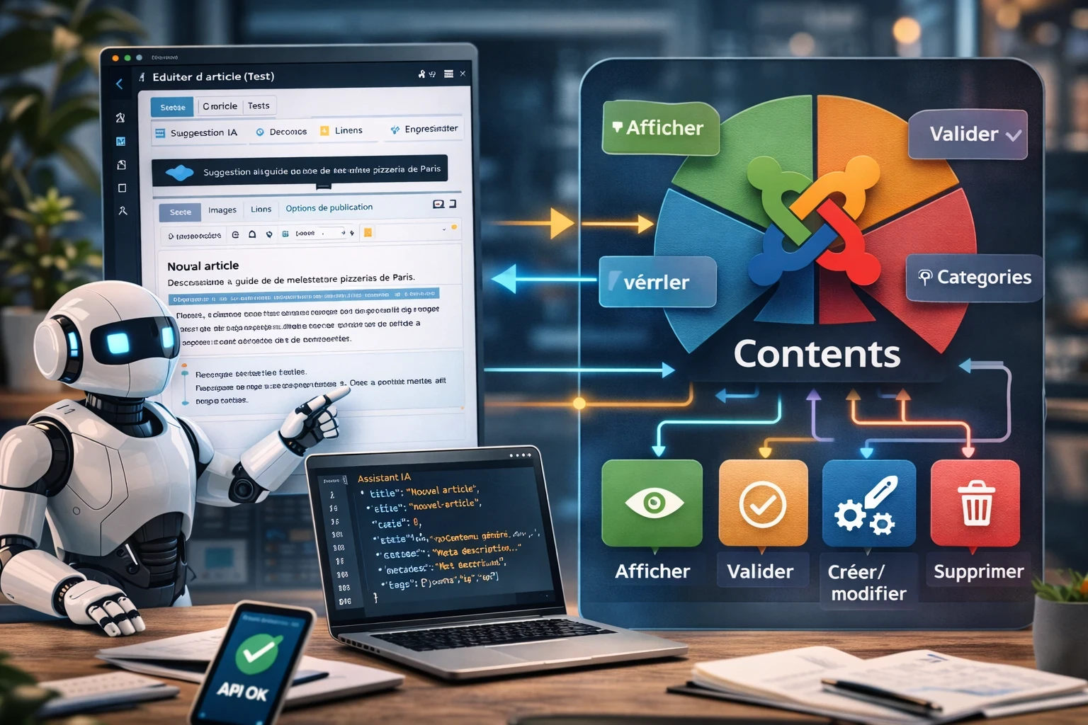 Schéma illustrant les content events de Joomla utilisés pour injecter une IA dans le back-office, enrichir un contenu, vérifier des règles et automatiser la validation avant publication.