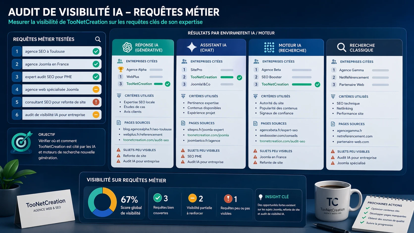 Tableau de bord d’audit de visibilité IA sur les requêtes métier de TooNetCreation montrant la présence de l’agence dans Google AI Overviews, ChatGPT, Perplexity et les moteurs de recherche selon plusieurs requêtes SEO et Joomla
