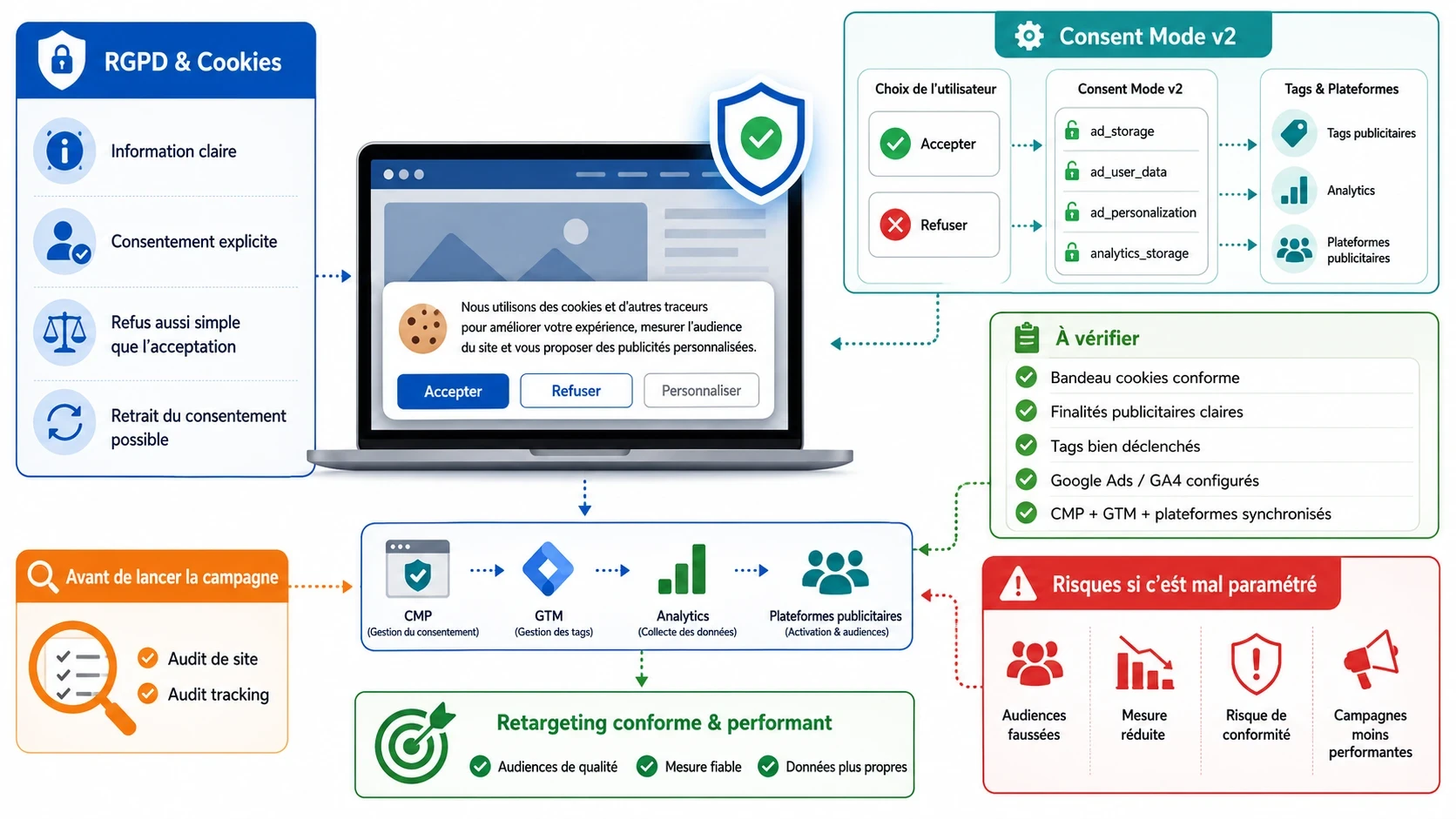 Infographie expliquant le rôle du RGPD, des cookies et du Consent Mode v2 dans une campagne de retargeting, avec un bandeau de consentement, les paramètres publicitaires, les éléments à vérifier et les risques d’un mauvais paramétrage.