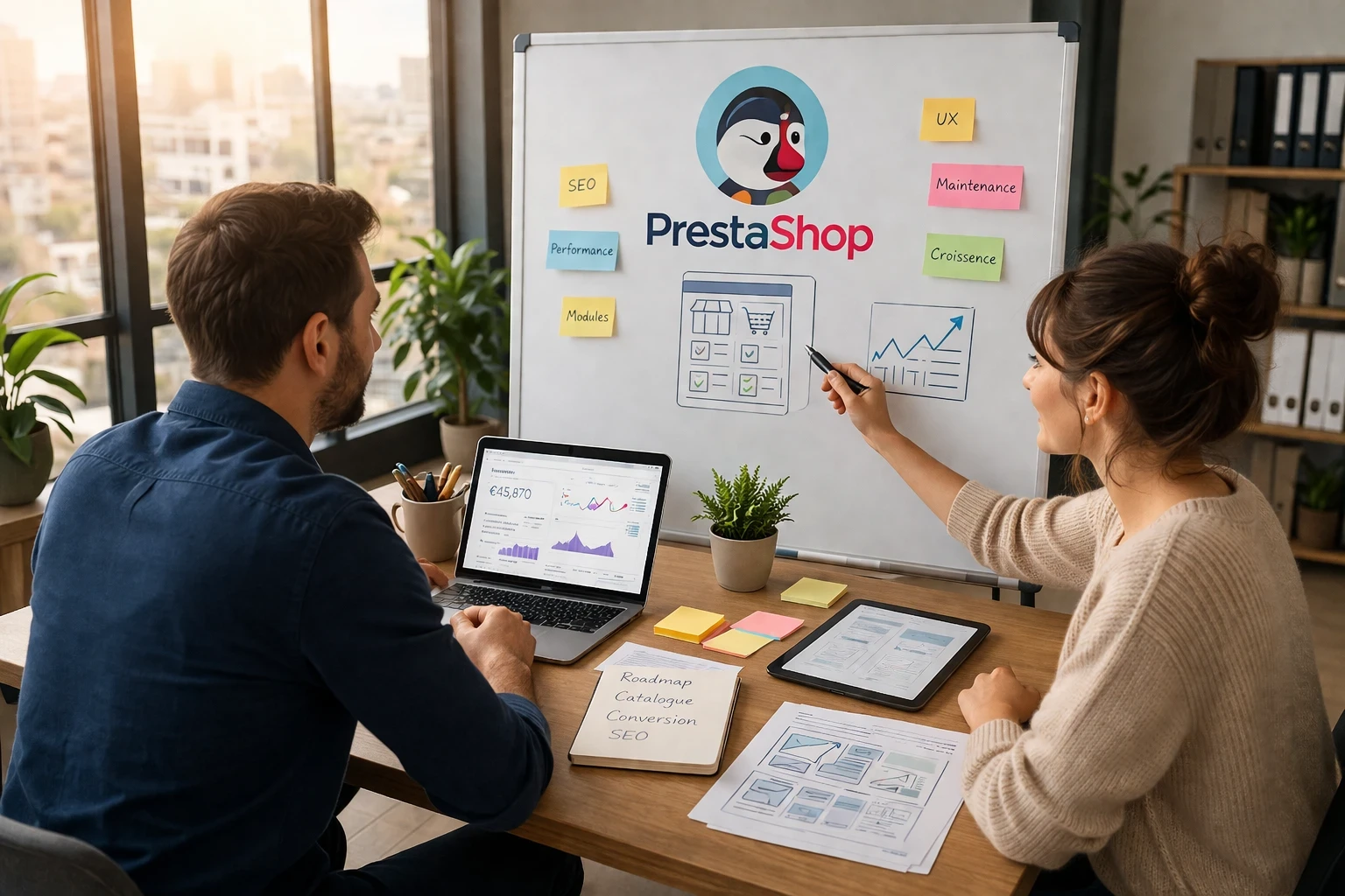 Deux experts e-commerce échangent devant un tableau de travail pour cadrer la stratégie, la structure et l’évolution d’une boutique PrestaShop