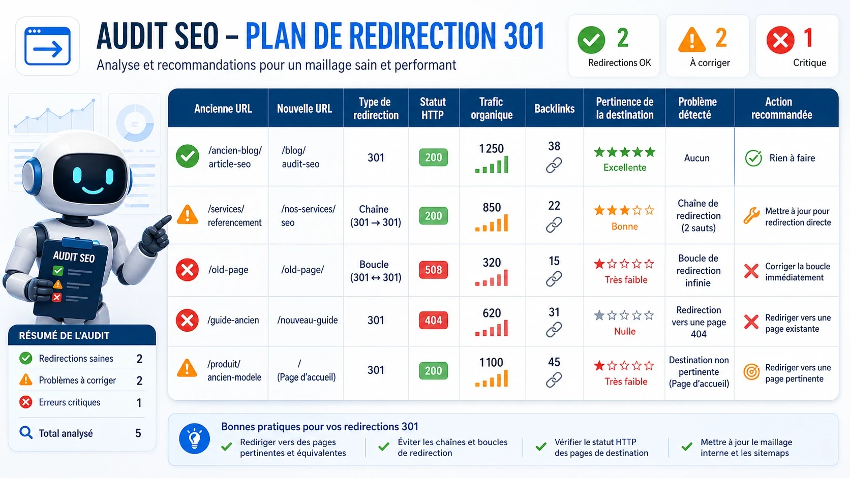 Tableau visuel d’audit SEO d’un plan de redirection 301 avec anciennes URLs, nouvelles URLs, statuts HTTP et actions recommandées.