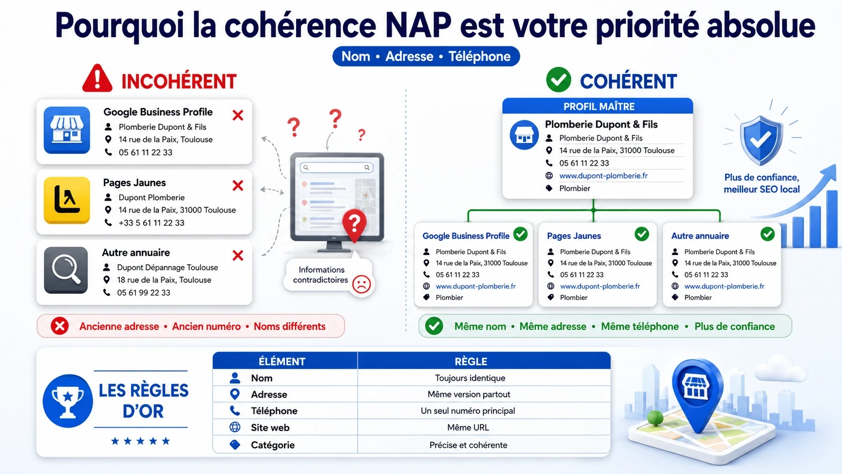 Exemple visuel de cohérence NAP pour le SEO local avec nom, adresse et téléphone identiques sur Google Business Profile, Pages Jaunes et les annuaires.
