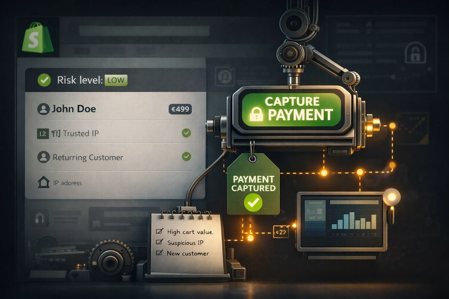 Illustration d’un workflow Shopify Flow : commande à faible risque, capture automatique du paiement (Capture payment), ajout du tag PAYMENT_CAPTURED_OK et notification interne.
