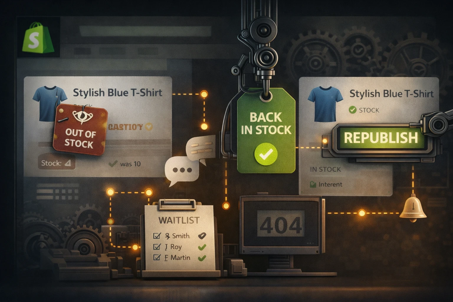 Illustration d’un workflow Shopify Flow : produit en rupture avec tag OUT_OF_STOCK et notification, puis retour en stock avec action REPUBLISH, retrait du tag et relance éventuelle de la liste d’attente.