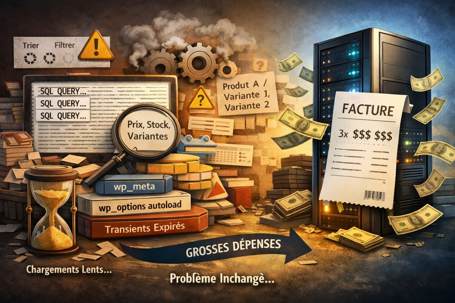 Boutique WooCommerce à gros catalogue : à gauche des requêtes SQL, tables et options autoload qui s’empilent et ralentissent le site, à droite un serveur plus cher et une facture qui augmente sans résoudre le problème.