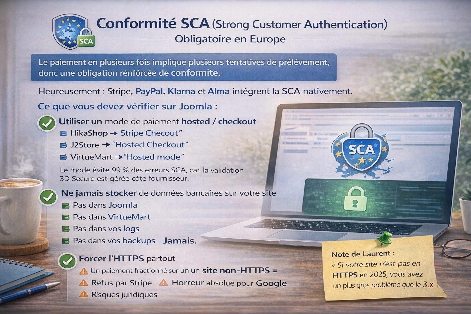 Infographie “Conformité RGPD” sur le paiement fractionné : checklist en 3 points (ajouter une section “traitement des paiements”, indiquer un tiers certifié PCI-DSS, ne jamais stocker de token carte côté Joomla) avec icônes de sécurité, laptop et dossier “politique de confidentialité” sur un bureau.Infographie “Conformité RGPD” sur le paiement fractionné : checklist en 3 points (ajouter une section “traitement des paiements”, indiquer un tiers certifié PCI-DSS, ne jamais stocker de token carte côté Joomla) avec icônes de sécurité, laptop et dossier “politique de confidentialité” sur un bureau.