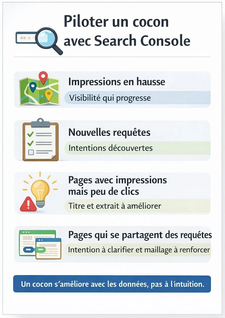 Infographie Piloter un cocon avec Search Console présentant quatre indicateurs clés impressions en hausse, nouvelles requêtes, pages avec impressions mais peu de clics, et pages qui se partagent des requêtes, avec le message un cocon s’améliore avec les données, pas à l’intuition.