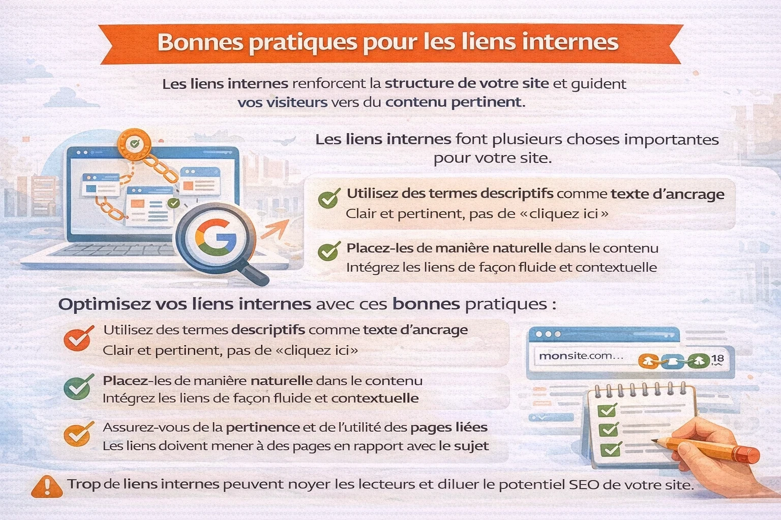 Infographie SEO expliquant les bonnes pratiques des liens internes : utilisation d’ancres descriptives, placement naturel des liens dans le contenu, pertinence des pages liées, amélioration de la navigation utilisateur et meilleure compréhension de la structure du site par Google.