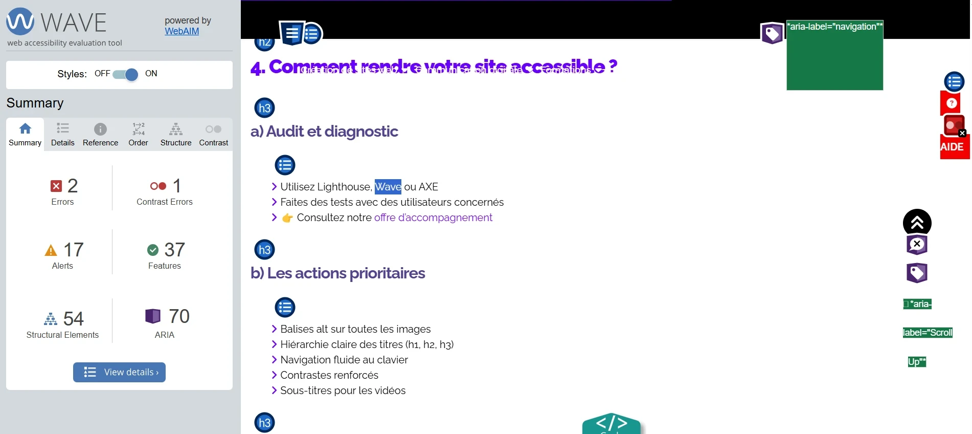 exemple d'analyse accessibilité avec le logiciel Wave