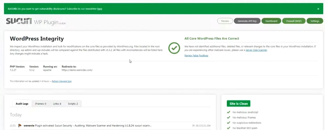exemple de l'interface administrateur sucuri sous wordpress