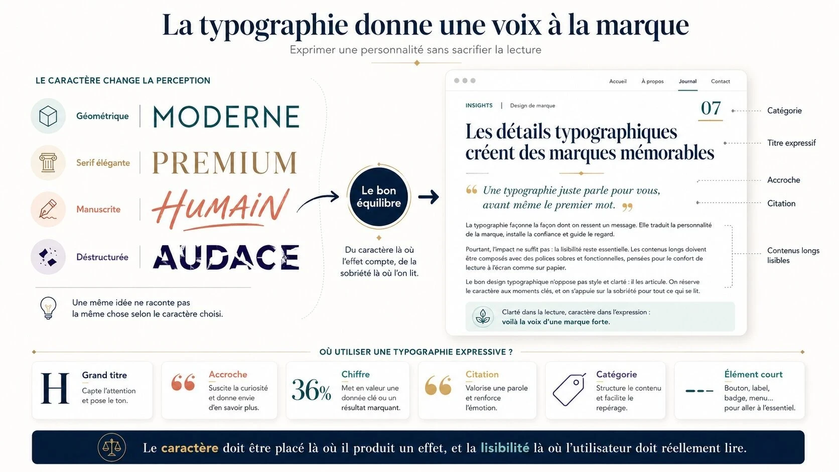 Illustration montrant comment différents styles typographiques influencent la perception d’une marque, avec des exemples de polices géométrique, serif, manuscrite et déstructurée, puis leur utilisation dans une interface lisible.