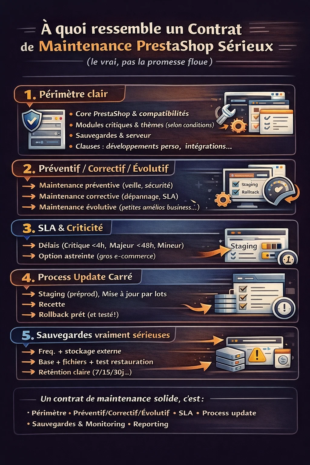 infographie présentant les 5 éléments qui doivent etre présent dans un contrat de maintenance pour unsite ecommerce prestashop