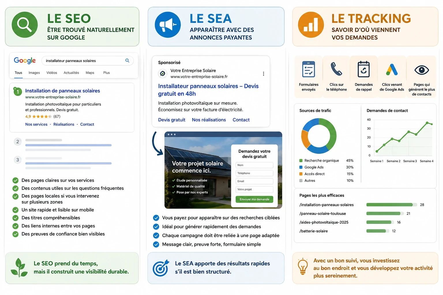 Infographie expliquant la différence entre SEO, SEA et tracking pour un installateur photovoltaïque souhaitant générer des demandes qualifiées sur Google