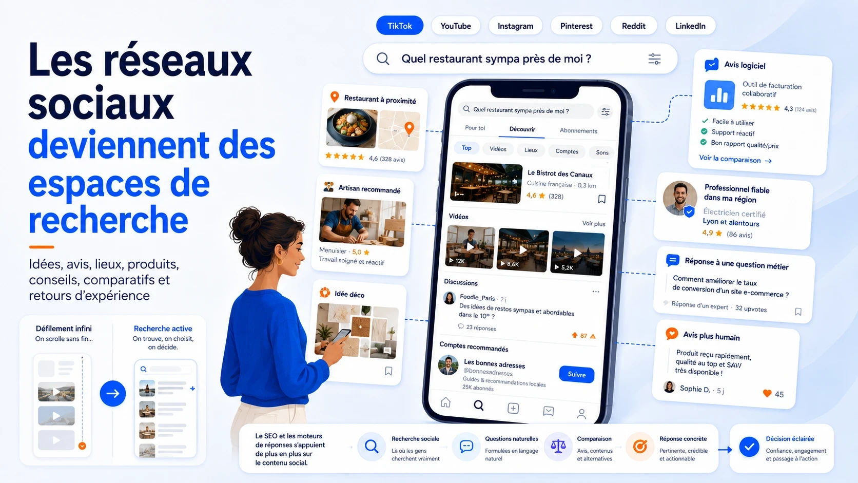 Illustration montrant les réseaux sociaux comme des espaces de recherche, avec des utilisateurs qui cherchent des avis, lieux, produits, conseils, comparatifs et retours d’expérience