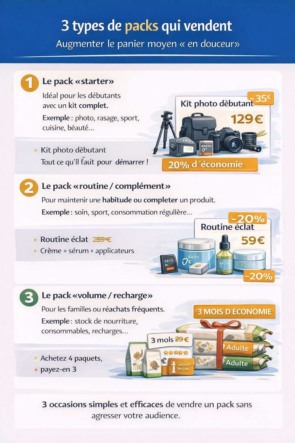 Infographie “3 types de packs qui vendent” : 1) pack starter (kit complet, exemple kit photo débutant), 2) pack routine/complément (crème + sérum + accessoires, exemple “routine éclat”), 3) pack volume/recharge (achat en quantité pour réachat fréquent, exemple lot “3 mois d’économie”), avec visuels de produits et indications de prix/avantage.