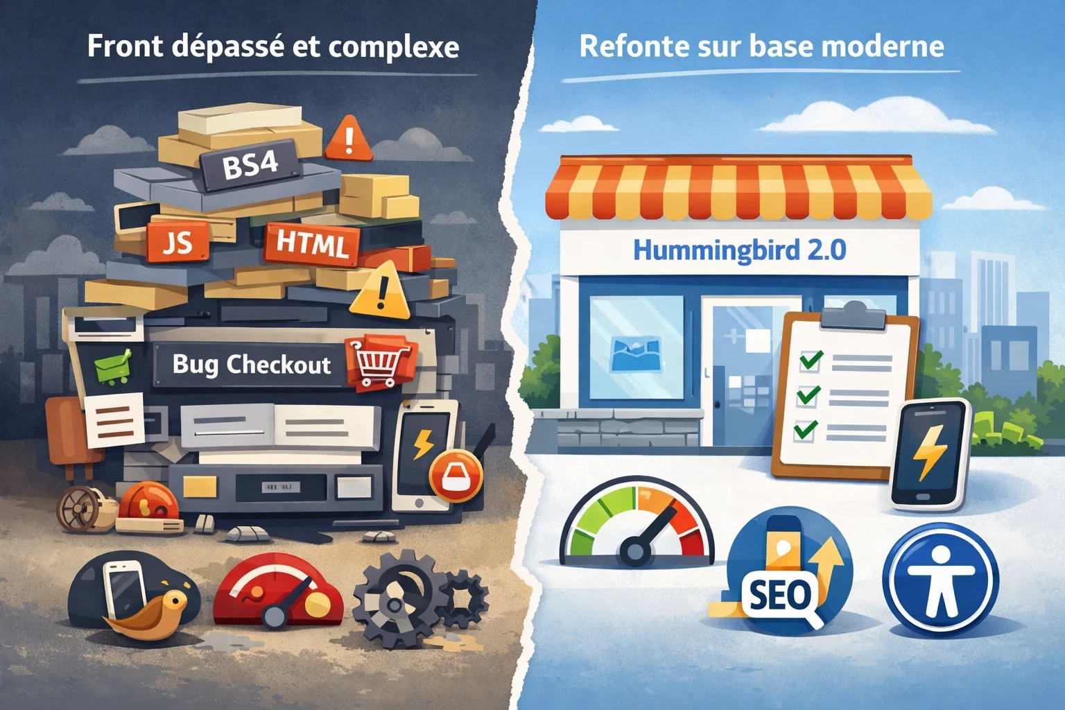 Infographie paysage comparant deux situations sur une boutique PrestaShop : à gauche, un front-office devenu trop complexe avec empilement de couches, anciens composants Bootstrap, conflits HTML/JavaScript et tunnel de commande fragile ; à droite, une refonte sur base moderne Hummingbird 2.0 avec structure plus propre, meilleures performances mobiles, gains SEO et accessibilité renforcée.