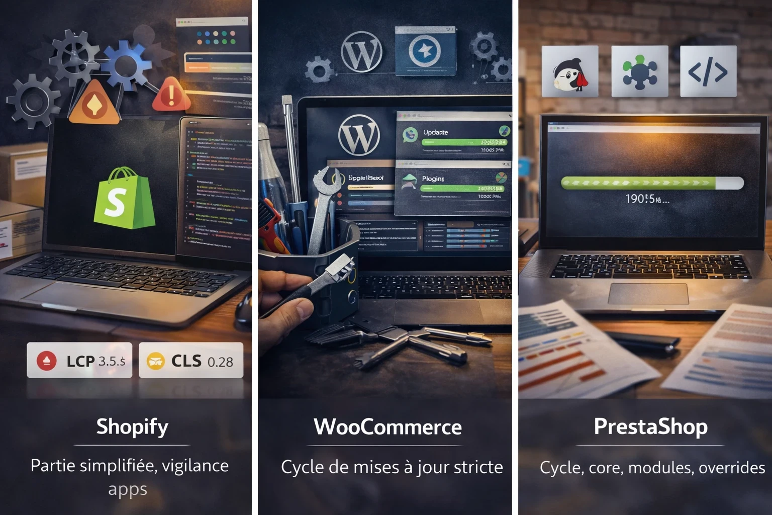 Triptyque photo sur la maintenance e-commerce : à gauche Shopify avec une maintenance serveur simplifiée mais une vigilance nécessaire sur les apps et scripts, au centre WooCommerce avec un environnement WordPress illustré par des outils et des écrans de mises à jour montrant l’importance des tests et du retour arrière, à droite PrestaShop avec le core et les modules symbolisant un cycle de mises à jour à cadrer pour éviter conflits et régressions.