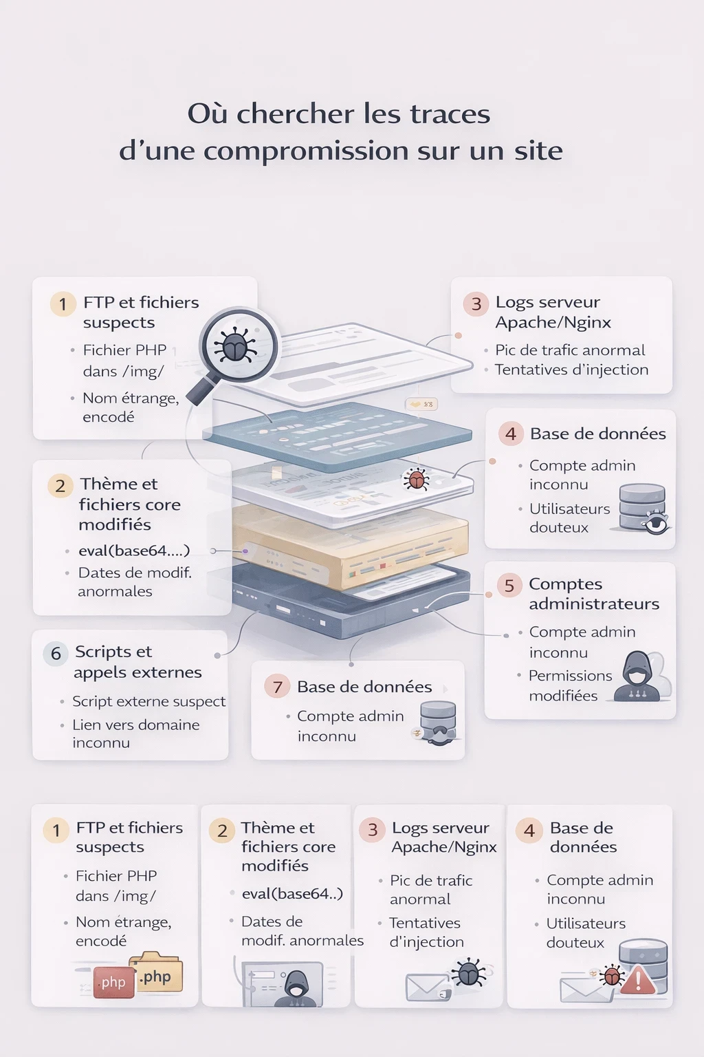 Infographie cartographiant les principales zones à inspecter sur un site compromis : FTP, fichiers système, logs, base de données, comptes admin, scripts externes et emails serveur.