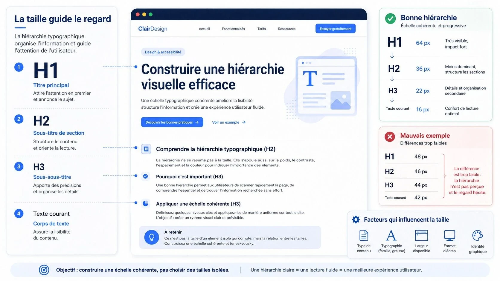 Illustration de la hiérarchie typographique d’une page web montrant une échelle cohérente entre H1, H2, H3 et texte courant, comparée à un mauvais exemple où les tailles sont trop proches pour guider efficacement le regard.