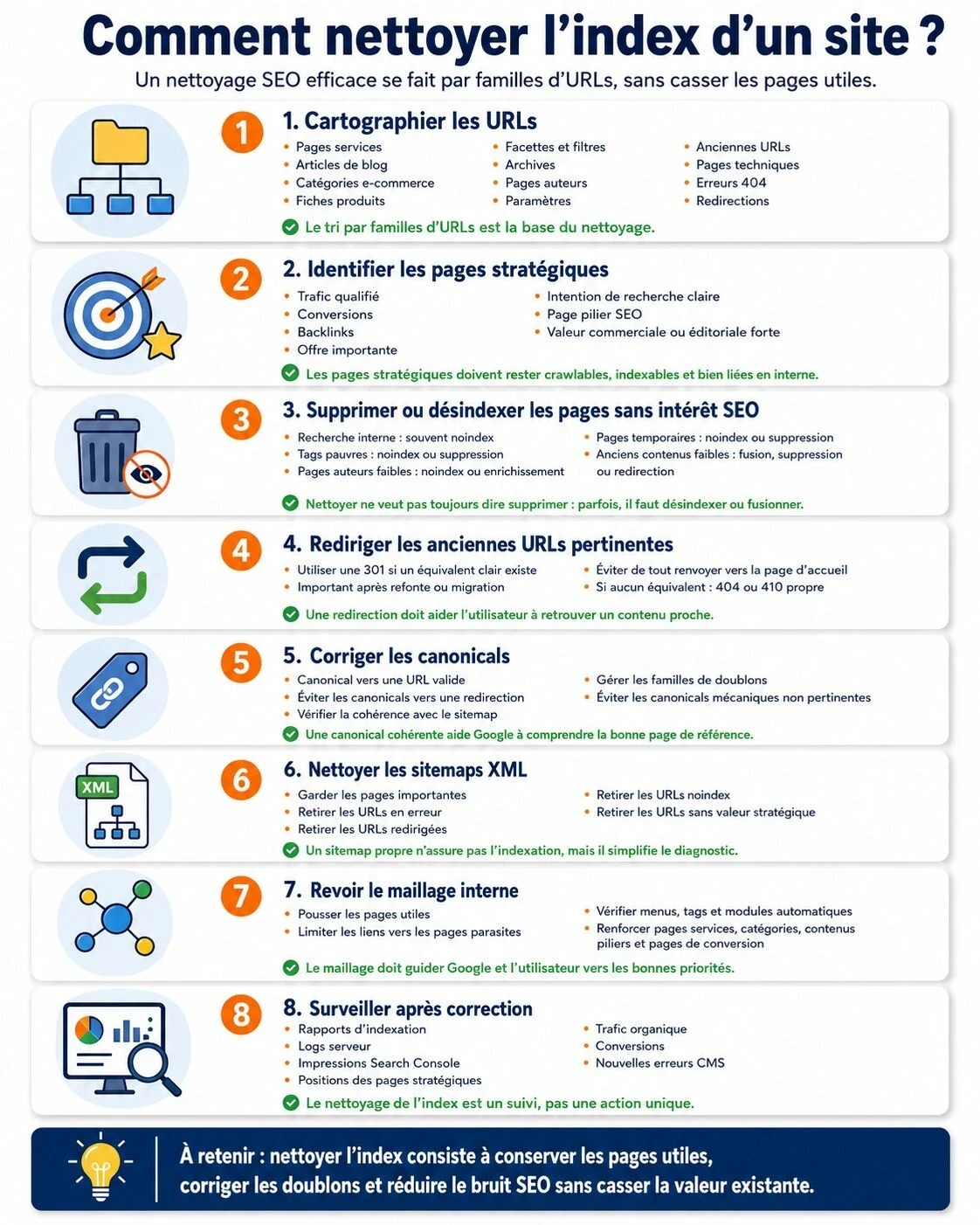 Infographie expliquant comment nettoyer l’index d’un site en SEO : cartographier les URLs, identifier les pages stratégiques, désindexer les pages inutiles, corriger les canonicals, nettoyer les sitemaps et revoir le maillage interne