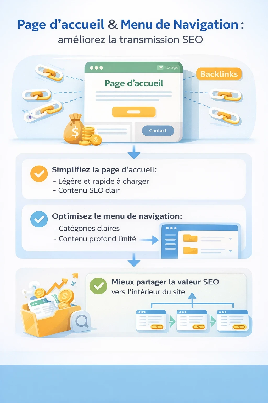 Infographie sur l’optimisation de la page d’accueil et du menu pour mieux répartir la valeur SEO vers les pages internes.