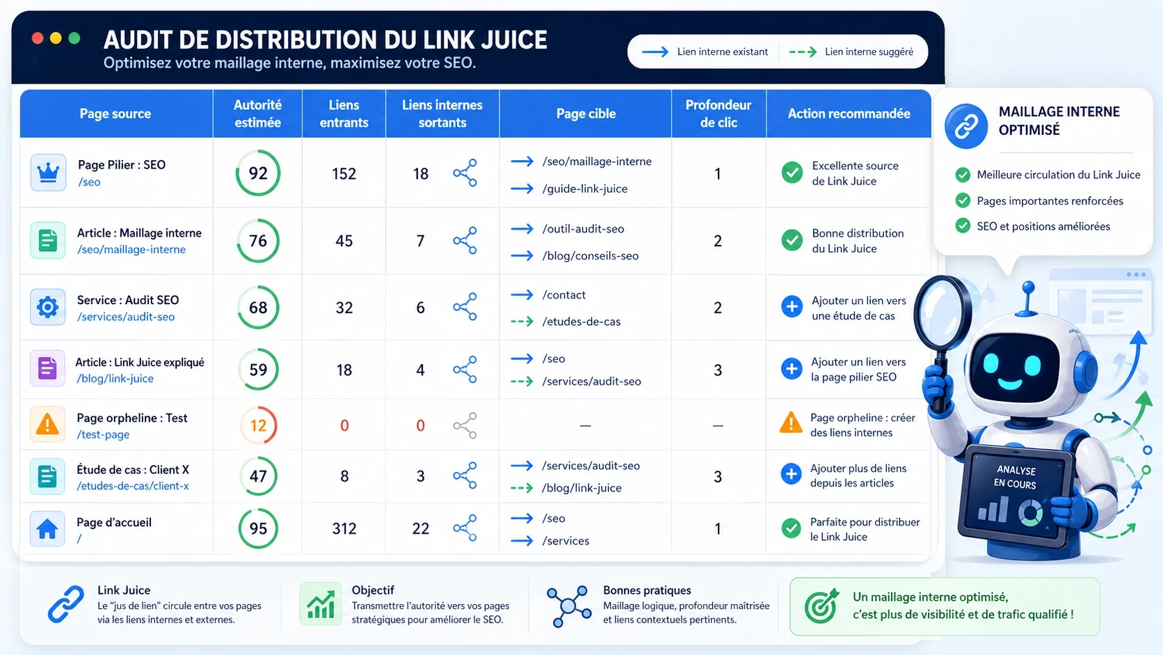 Tableau visuel d’audit SEO montrant les pages fortes, pages orphelines, liens internes et actions pour mieux distribuer le Link Juice.