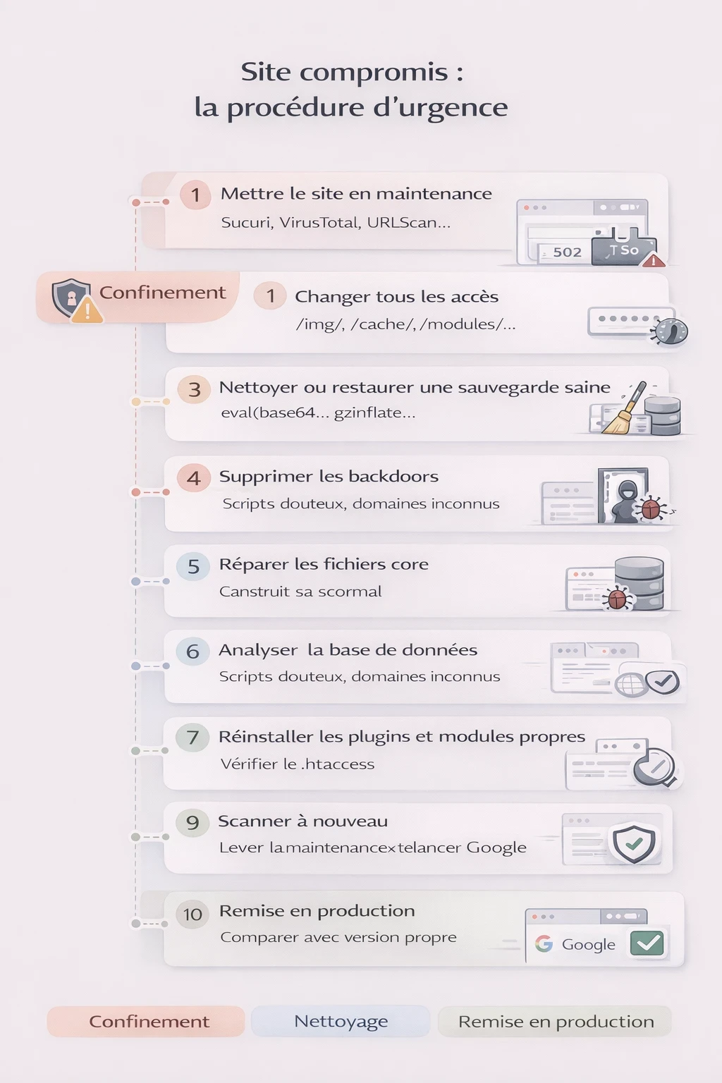 Infographie présentant la procédure d’urgence en dix étapes après confirmation d’une attaque sur un site web, du passage en maintenance jusqu’au retour en ligne sécurisé.